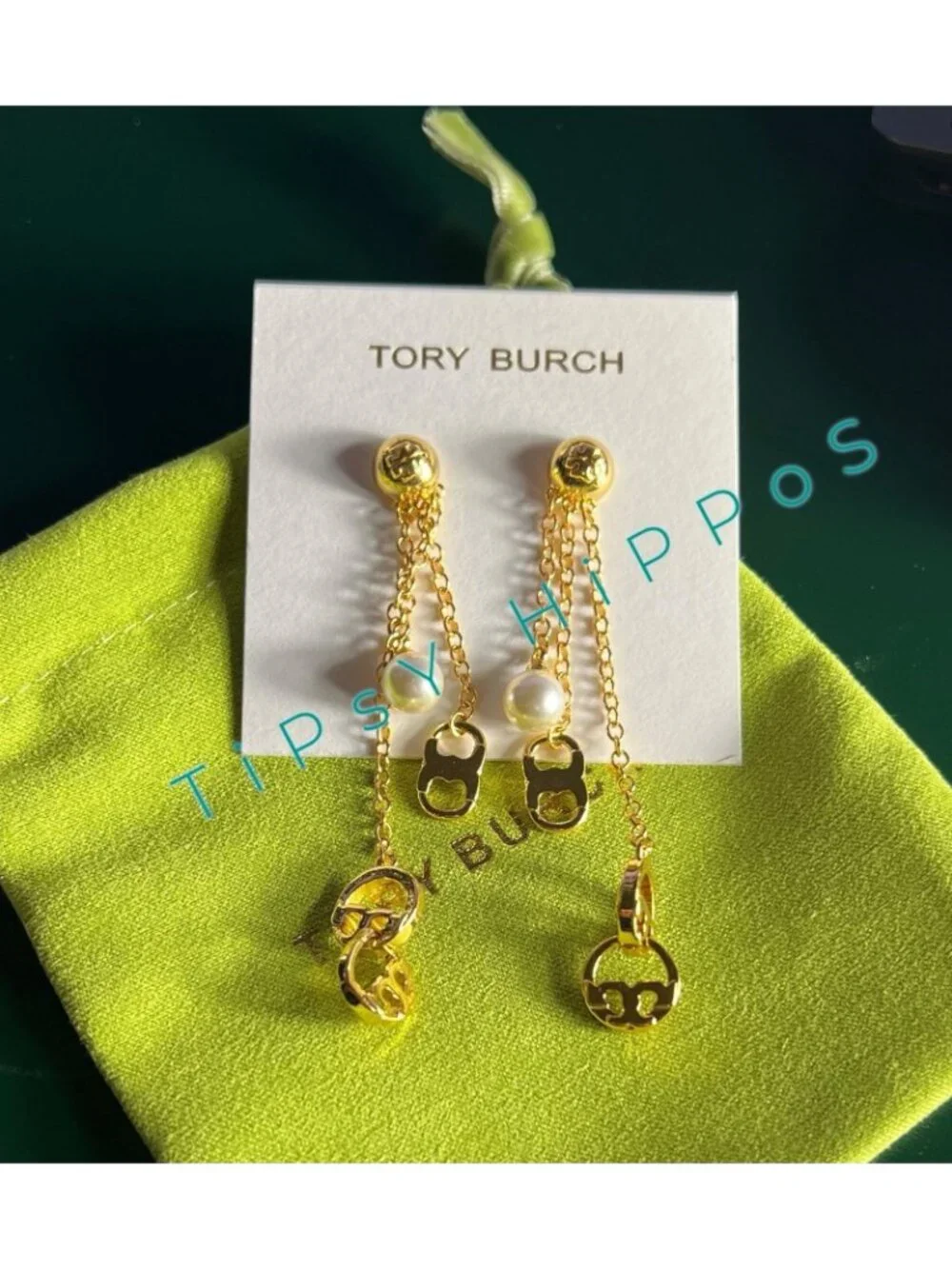 ***NEW!!! Tory Burch Gold & Pearl Chain Dangling Earrings